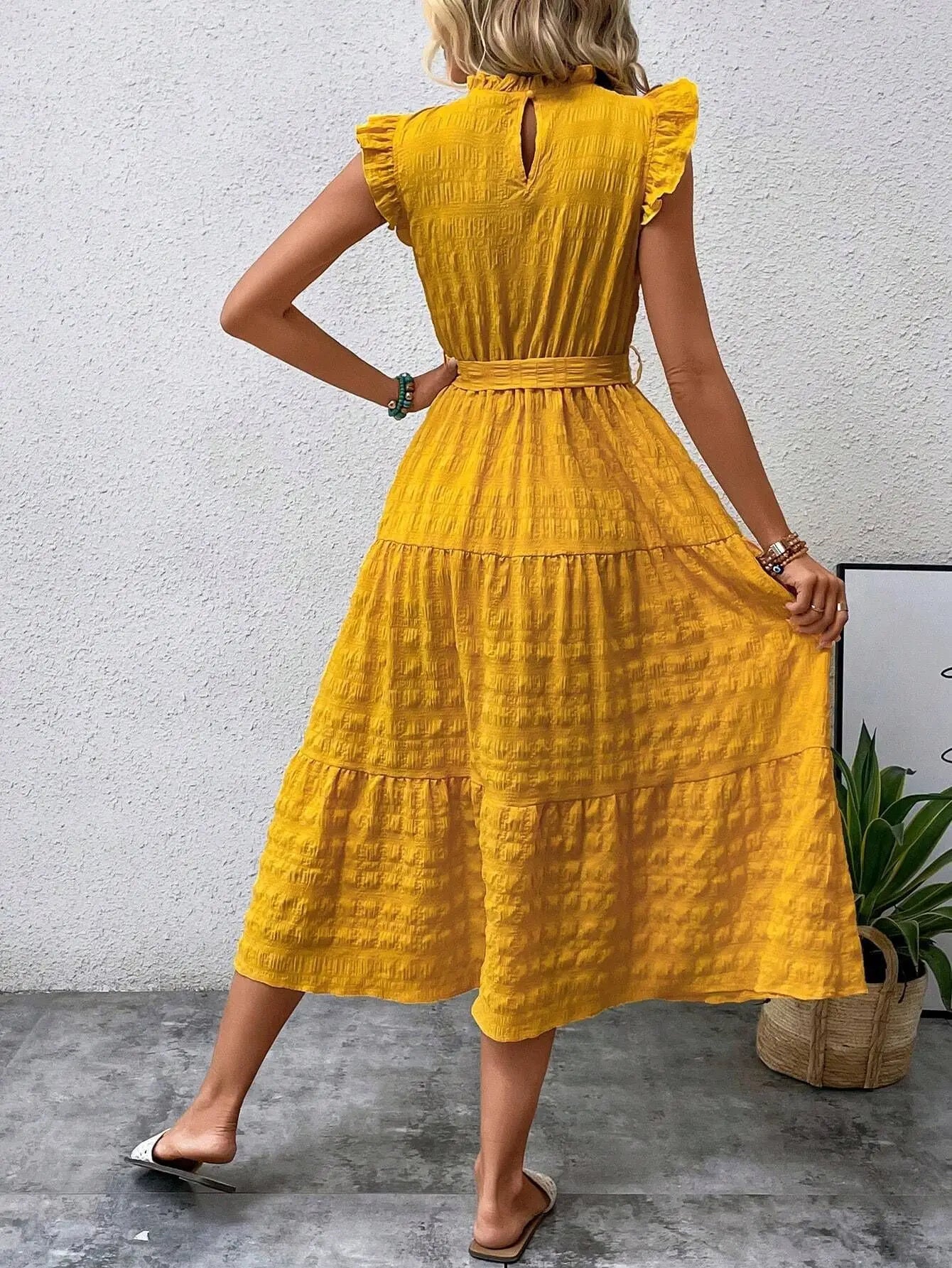 Shadowlass  -  Ladies summer new fashion ruffled flying sleeves lace-up textured dress Office Lady dress