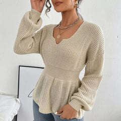 Shadowlass  -  Knitted Fashion Sweaters Autumn Notched V Neck Sweater Knitted Top Casual Cinched Waist Long Sleeve Sweater Women's Clothing