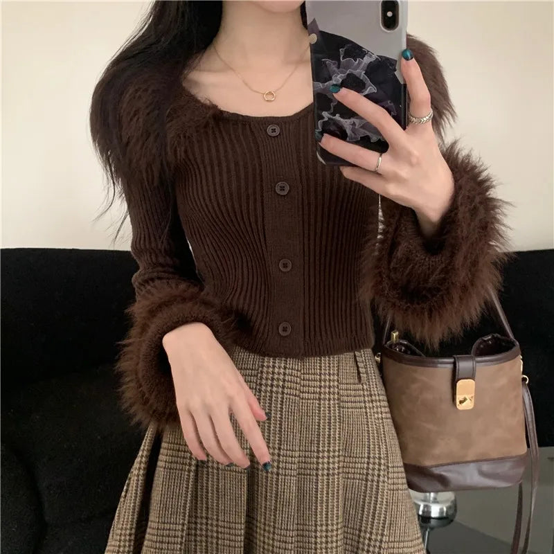 Shadowlass  -  Sweet Hot Girl Fur Patchwork Turn-down Collar Sweater for Women's Winter Flared Sleeves Short Knitted Pullover Female Clothes