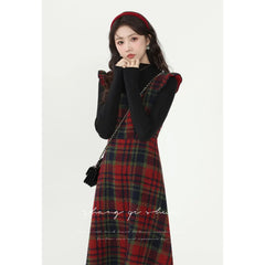 Shadowlass  -  Korea Chic Feminine Vestidos Women Ruffles Elegant Retro Cute Vintage Woolen Red Plaid Shirt Dress