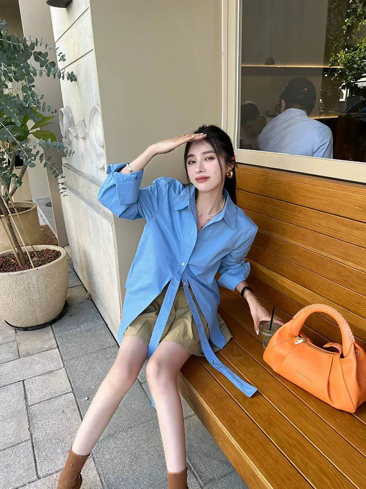 Shadowlass  -  Casual Shirts Tie Long Sleeve French Womens Tops Loose Shirt Solid Button Blouses for Women Fashion Autumn Blue Cotton Top