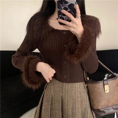 Shadowlass  -  Sweet Hot Girl Fur Patchwork Turn-down Collar Sweater for Women's Winter Flared Sleeves Short Knitted Pullover Female Clothes