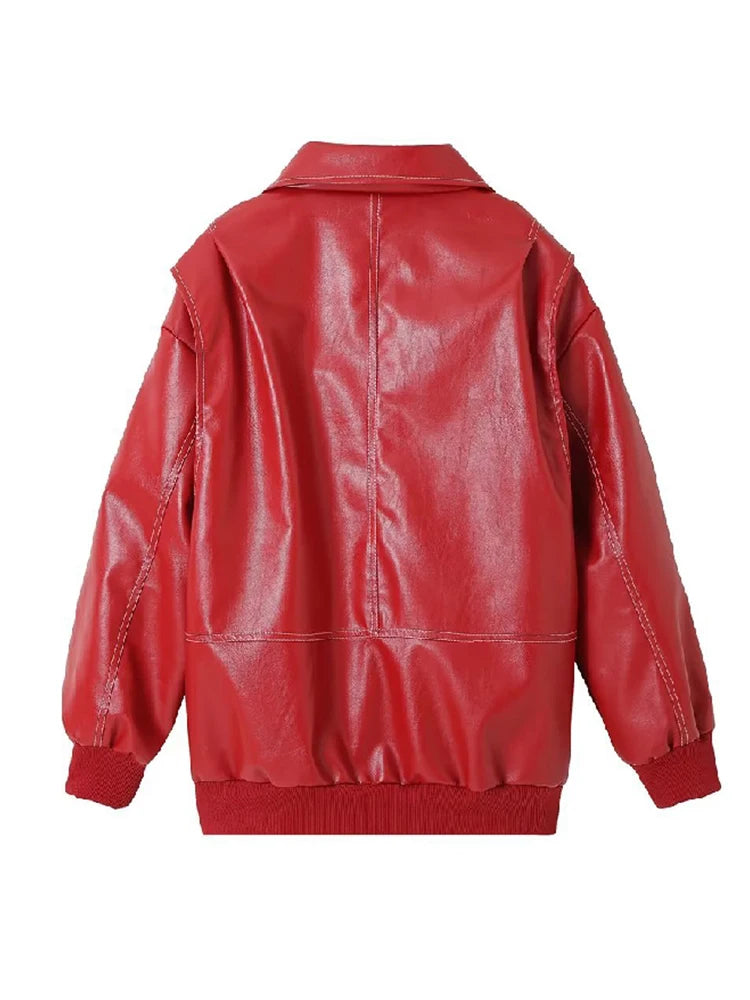 Shadowlass  -  Casual Oversized Leather Jacket Women Fashion Lapel Long Sleeve Loose Zipper Female Coat Autumn Patchwork Loose Y2k Streetwear