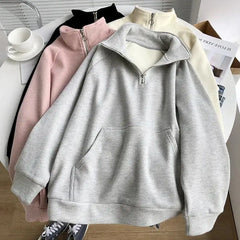 Shadowlass  -  Waffle Sweatshirt Women Stand Collar Half Zipper Fleece Hoodie Oversized Loose Pullover Autumn Winter Elegant Grunge Female Top