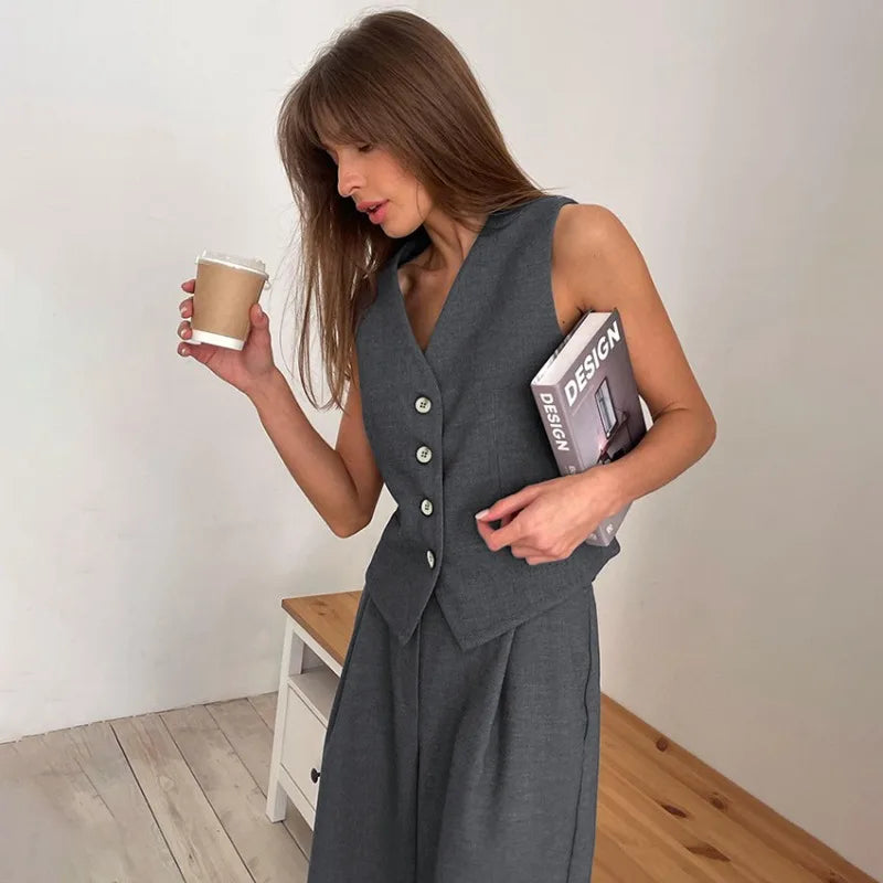 Shadowlass  -  Women's V-neck Sleeveless Vest Trouser Suit Spring and Summer Women's Solid Color Fashion British Style Casual Straight Leg Set