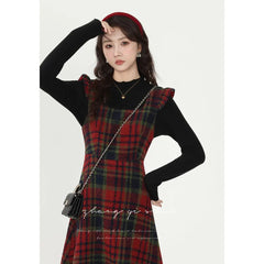 Shadowlass  -  Korea Chic Feminine Vestidos Women Ruffles Elegant Retro Cute Vintage Woolen Red Plaid Shirt Dress