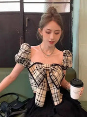 Shdowlass  -  Summer Plaid Bow Plaid Blouses Women Cute Bow Design Vintage Crop Tops Female Puff Sleeve Slim Korean Fashion Clothes