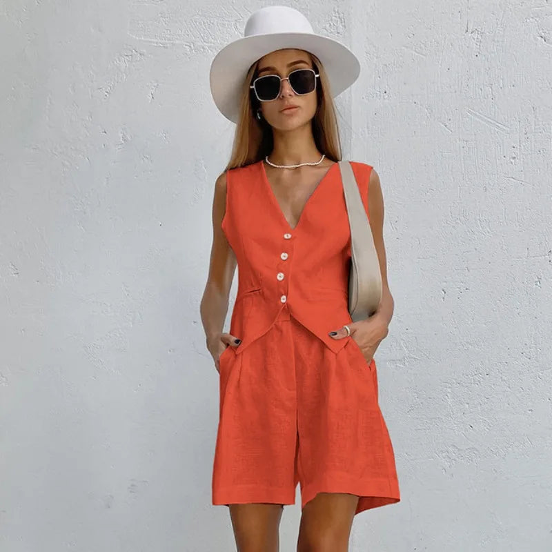 Shadowlass  -  Original Cotton Linen Sleeveless Vest Pants Suit Spring and Summer Women's V-Neck Casual Vest Pleated Knee Length Shorts Set