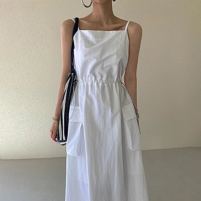 Shadowlass  -  New Spaghetti Strap Long Dress Women Vintage Solid Drawstring Party Dress Summer Holiday Outfit