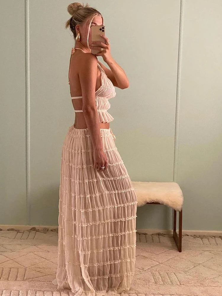 Shadowlass  -  exy Halter Long Skirt Suit Women White Backless Sling Top Lace Up Fold Maxi Skirts Summer Female 2 Piece Set Streetwear