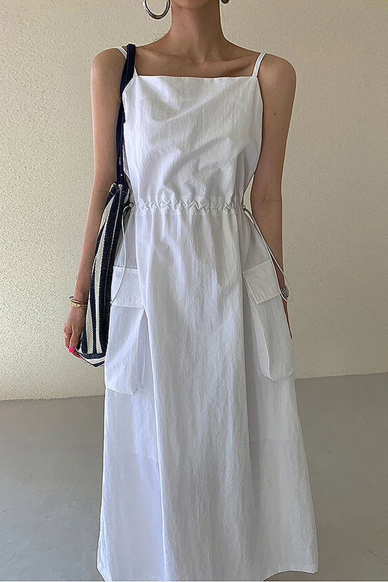 Shadowlass  -  New Spaghetti Strap Long Dress Women Vintage Solid Drawstring Party Dress Summer Holiday Outfit