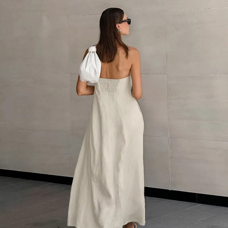 Shadowlass  -  Minimalist Cotton Linen Design Strapless Dress Summer Women's Personal Street Elastic Backless Pocket Vacation Beach Dress