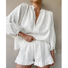 Shadowlass  -  Women's Cotton Linen Shorts Set Original Lace Up Ruffled Edge Design Lantern Sleeves V-neck Top Pleated Loose Shorts 2Pcs Set