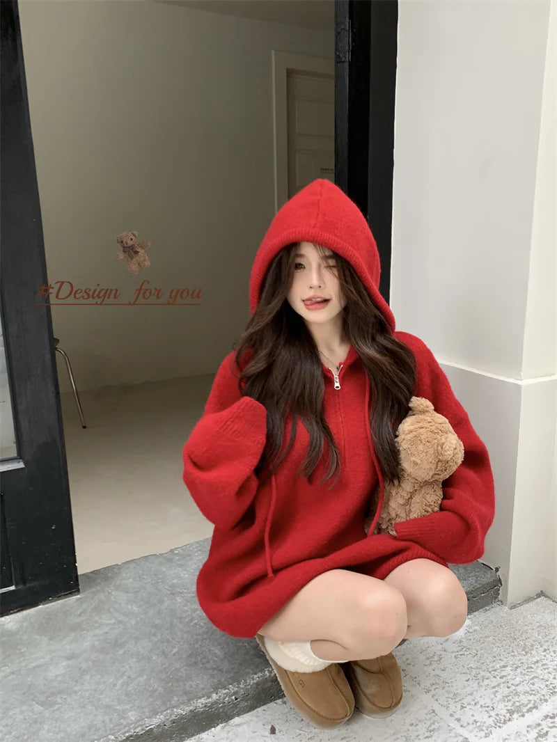 Shadowlass  -  Sweet Hot Girl Red Hooded Sweater Women's Autumn/Winter Half Zipper Christmas Loose Long-sleeved Knitted Pullover Female Clothes