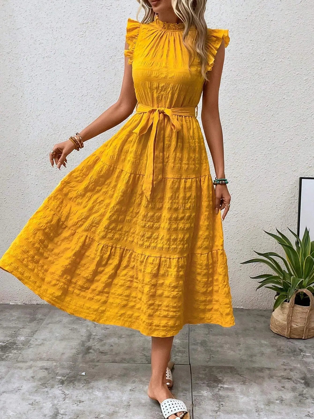 Shadowlass  -  Ladies summer new fashion ruffled flying sleeves lace-up textured dress Office Lady dress