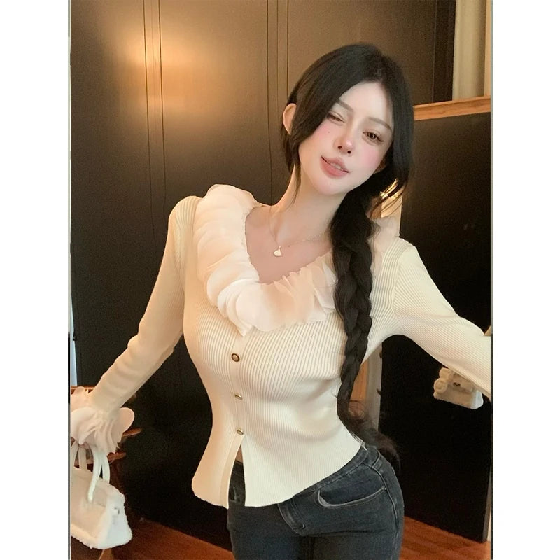 Shadowlass  -  French Sweet Hot Girl Slim Fit V-Neck Sweater Women's Autumn Ruffle Long-sleeved Knitted Bottom Shirt Fashion Female Clothes