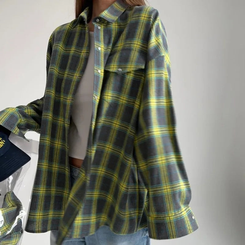 Shadowlass  -  Women's Retro Plaid Long Sleeved Shirt Spring and Autumn Women's Loose Cotton Blend Pocket Casual Versatile Long Sleeved Jacket