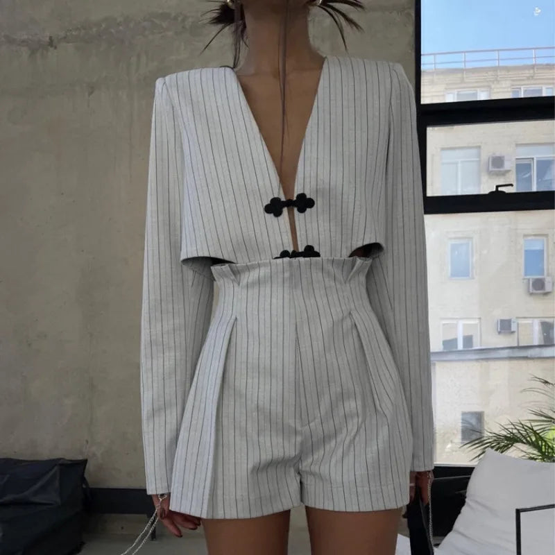 Shadowlass  -  Original Design Striped Deep V-Neck Short Set Spring And Summer Women's Sexy Long Sleeved Top High Waist Button Casual Pants Set