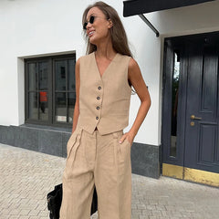 Shadowlass  -  Cotton Linen Blend Vest Wide Leg Pants Suit Spring and Summer Women's Casual Fashion Sleeveless Vest Pleated Low Waist Pants Set