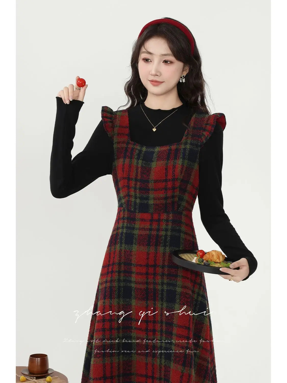 Shadowlass  -  Korea Chic Feminine Vestidos Women Ruffles Elegant Retro Cute Vintage Woolen Red Plaid Shirt Dress