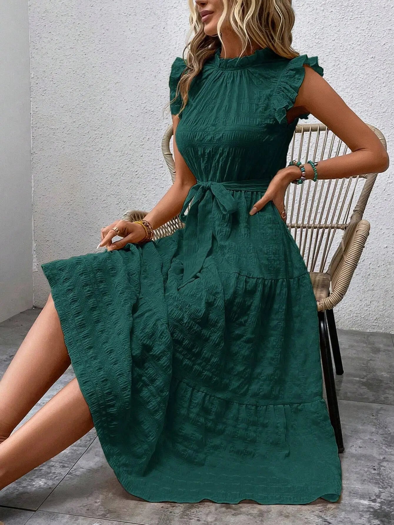 Shadowlass  -  Ladies summer new fashion ruffled flying sleeves lace-up textured dress Office Lady dress