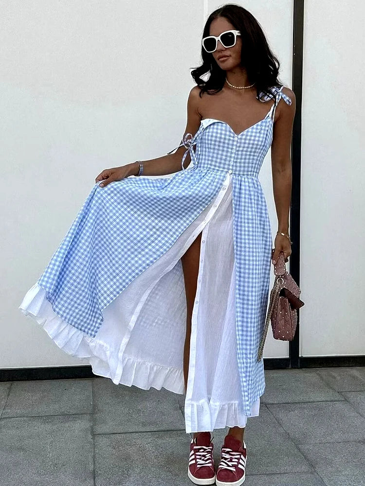 Shadowlass  -  French Chic Maxi Dresse Elegant Summer Blue Plaid Party Women Dress Backless Vocation Sexy Casual Ladies Dress Vestido