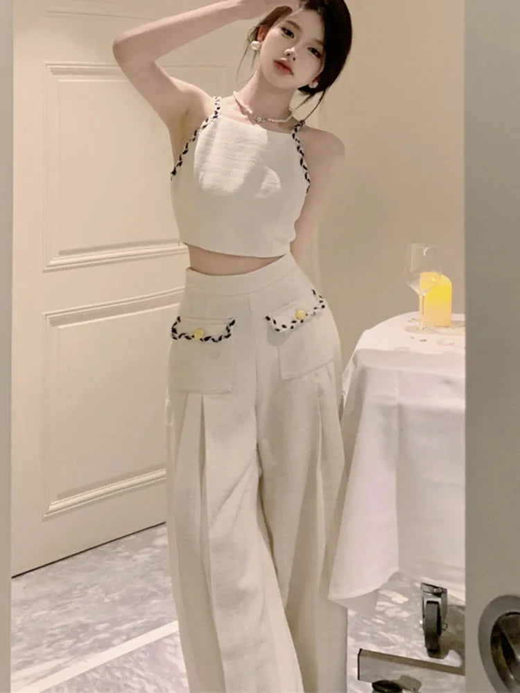 Shadowlass  -  High Street Small Fragrance Two Piece Set For Women Korean Fashion Sexy Crop Top & Wide Leg Pant Sets French Style 2 Piece Suits