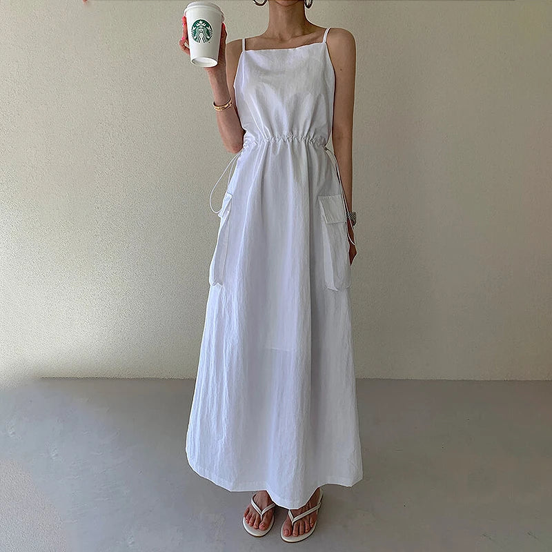 Shadowlass  -  New Spaghetti Strap Long Dress Women Vintage Solid Drawstring Party Dress Summer Holiday Outfit