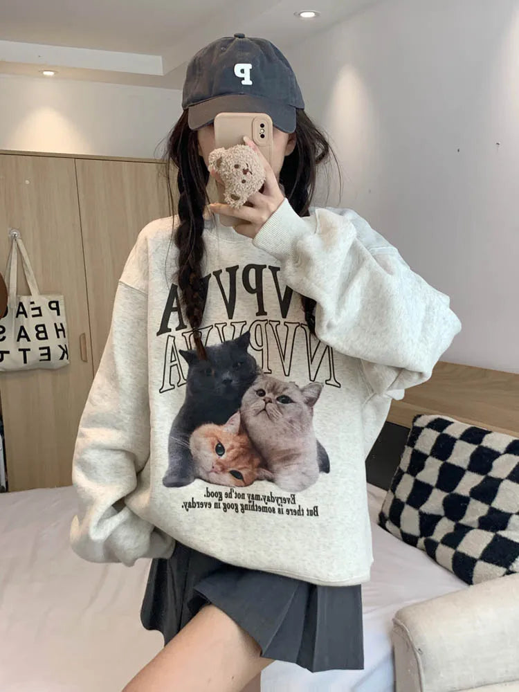 Shadowlass  -  Winter Clothes Women Cat Printed Long Sleeve Sweatshirt Hoodie Loose Casual Hoodies Pullovers O-Neck Kpop Kawaii Clothes TOPS