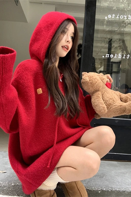 Shadowlass  -  Sweet Hot Girl Red Hooded Sweater Women's Autumn/Winter Half Zipper Christmas Loose Long-sleeved Knitted Pullover Female Clothes