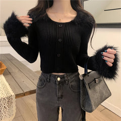 Shadowlass  -  Sweet Hot Girl Fur Patchwork Turn-down Collar Sweater for Women's Winter Flared Sleeves Short Knitted Pullover Female Clothes