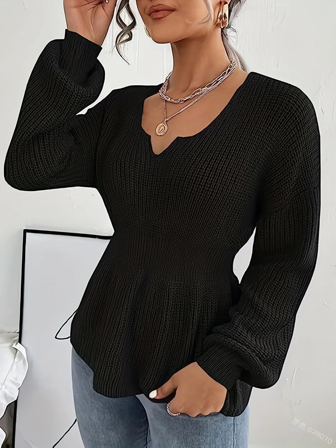 Shadowlass  -  Knitted Fashion Sweaters Autumn Notched V Neck Sweater Knitted Top Casual Cinched Waist Long Sleeve Sweater Women's Clothing