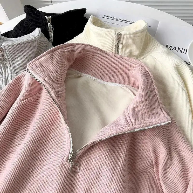 Shadowlass  -  Waffle Sweatshirt Women Stand Collar Half Zipper Fleece Hoodie Oversized Loose Pullover Autumn Winter Elegant Grunge Female Top