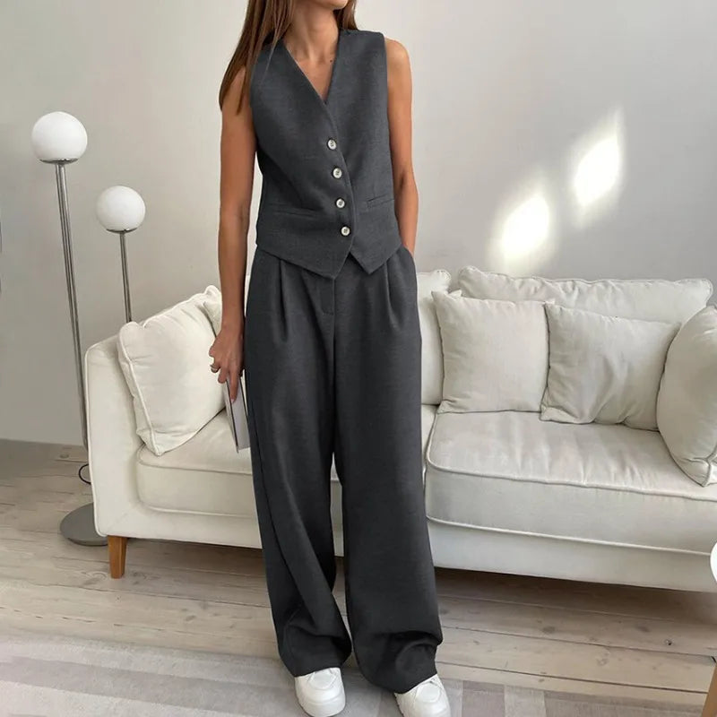 Shadowlass  -  Women's V-neck Sleeveless Vest Trouser Suit Spring and Summer Women's Solid Color Fashion British Style Casual Straight Leg Set