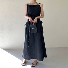 Shadowlass  -  New Spaghetti Strap Long Dress Women Vintage Solid Drawstring Party Dress Summer Holiday Outfit