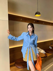 Shadowlass  -  Casual Shirts Tie Long Sleeve French Womens Tops Loose Shirt Solid Button Blouses for Women Fashion Autumn Blue Cotton Top