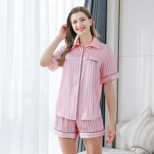 Shadowlass  -  2 Pieces Set Pajamas for Women Striped Fashion Elegant Heart Sleepwear Satin Silk Short Sets Pjs Sleeping Lounge Wear Home Suit
