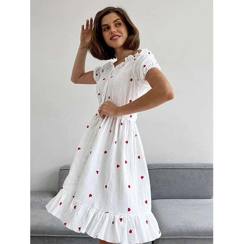 Shadowlass  -  Original Crepe Cotton Hemp Love Printed Dress Spring and Summer Women's Slash Neck Bubble Sleeves Leisure Vacation Beach Dress