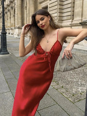 Shadowlass  -  Ruffles Tie Up Satin Dress Women Elegant Maxi Long Summer Party Dress Spaghetti Strap Red Sexy Sundress Vestidos 