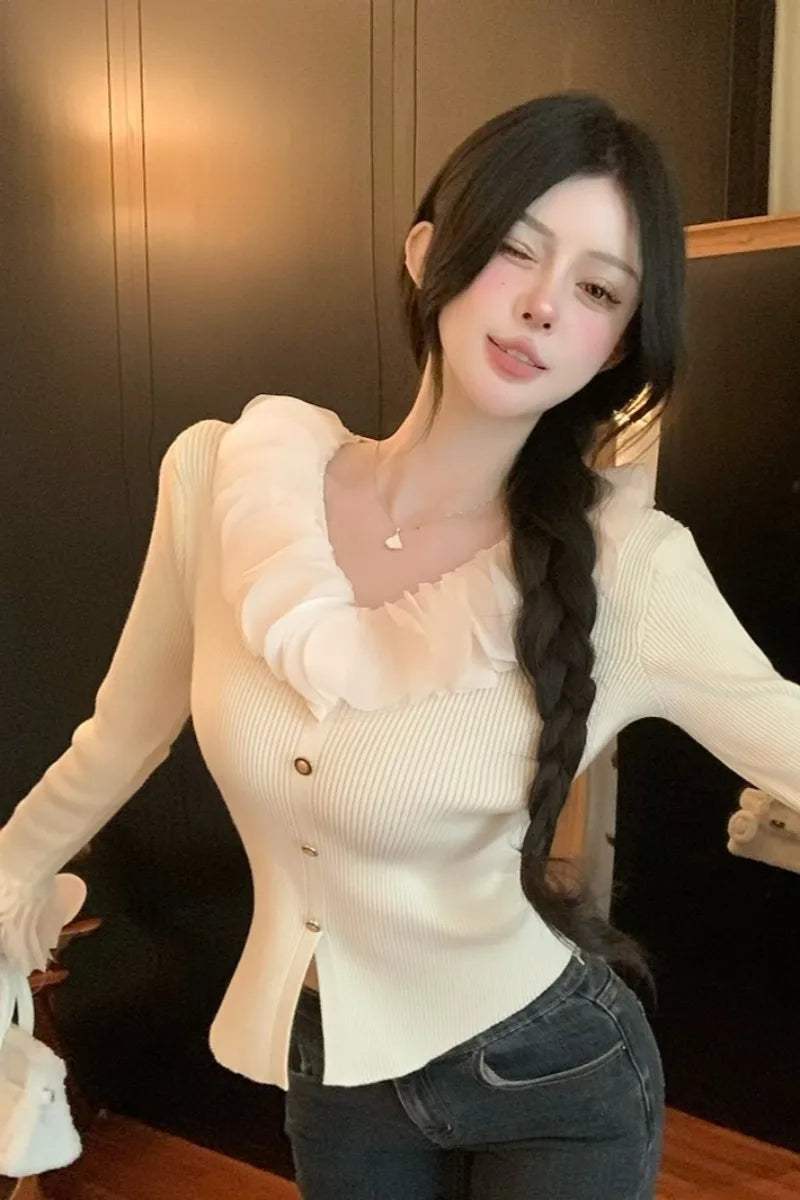 Shadowlass  -  French Sweet Hot Girl Slim Fit V-Neck Sweater Women's Autumn Ruffle Long-sleeved Knitted Bottom Shirt Fashion Female Clothes