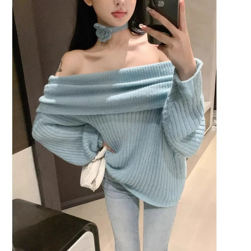 Shadowlass  -  Sweet Hot Girl Long-sleeved Sweater Women's Autumn Off Shoulder with Lace-up Flower Knitted Pullover Fashion Female Clothes