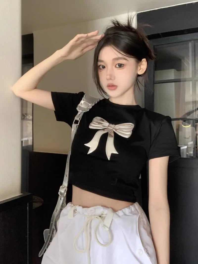 Shadowlass  -  Pure Sexy Hot Girl Three-dimensional Bow Short-sleeved T-shirt Women's Summer Slim O-neck Pullover Top Fashion Female Clothes