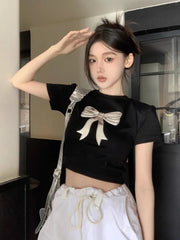 Shadowlass  -  Pure Sexy Hot Girl Three-dimensional Bow Short-sleeved T-shirt Women's Summer Slim O-neck Pullover Top Fashion Female Clothes