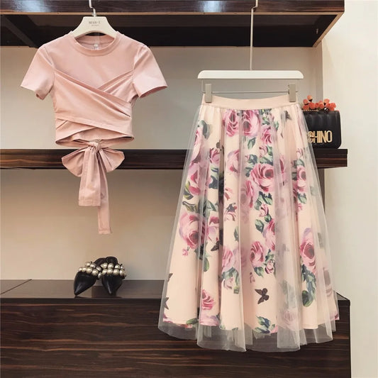 Shadowlass  -  two piece set women outfit Skirts Suits Bowknot Solid Tops Vintage Floral Skirt Sets Elegant Woman  2 piece set vacation