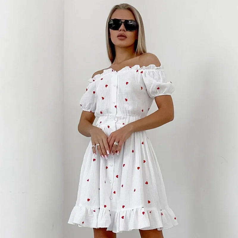 Shadowlass  -  Original Crepe Cotton Hemp Love Printed Dress Spring and Summer Women's Slash Neck Bubble Sleeves Leisure Vacation Beach Dress